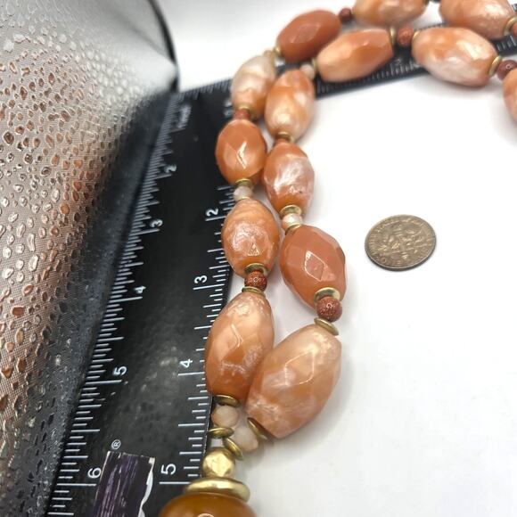 Chico's Statement Necklace Long Tassel Pendant Gold Tone Mixed Bead Peach Coral - Picture 7 of 12